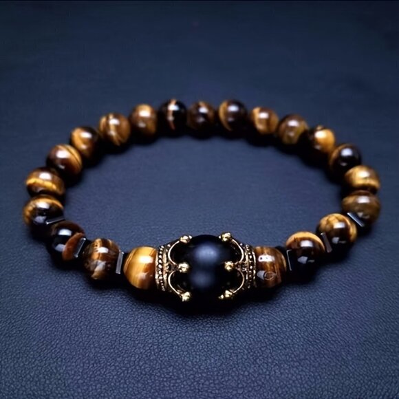 Tigers Eye and Obsidian Stone Bead Antique Crown Bracelet - Picture 6 of 6